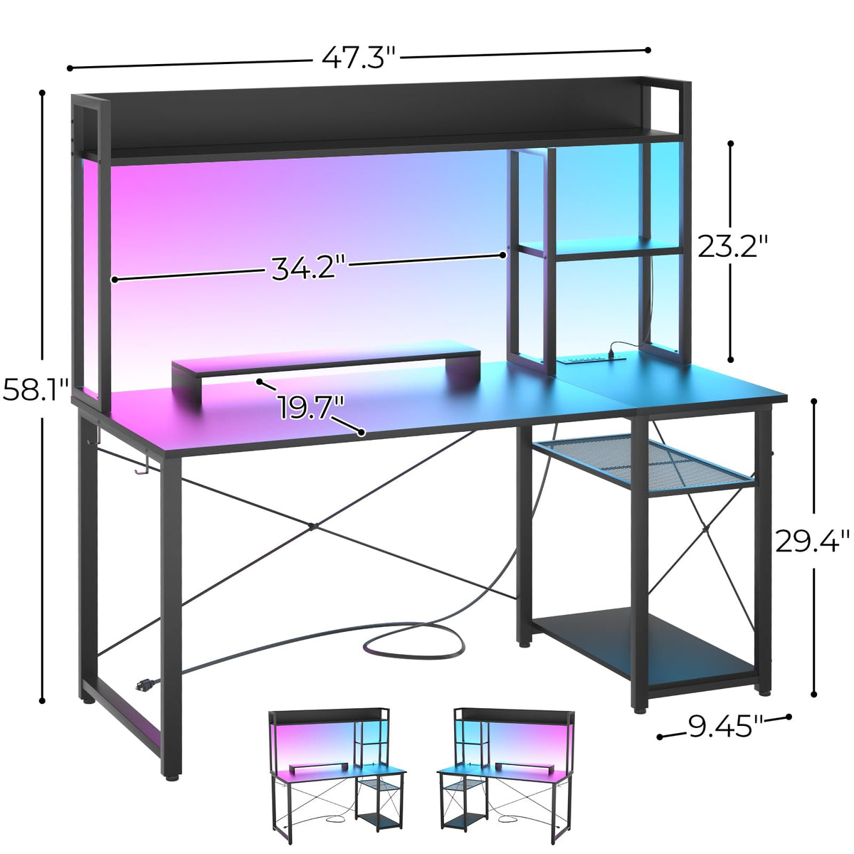 Cyclysio Gaming Desk with Hutch, 47'' Computer Desk with LED Lights & Power Outlets, Home Office Desk with Reversible 5 Tiers Storage Shelves & Monitor Stand, Small Gaming Table for Small Space, Black