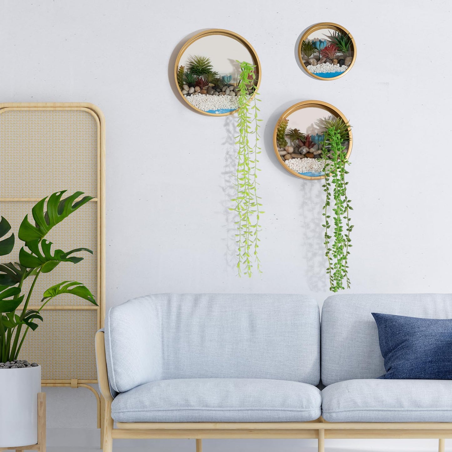 VEVLU Gold Metal Wall Planter Set of 3, Indoor Metal Hanging Planter with 10Pcs Artificial Succulents Wall Decor Round Succulent Planters Air Plant Pots Container for Cactus Home Office Decor