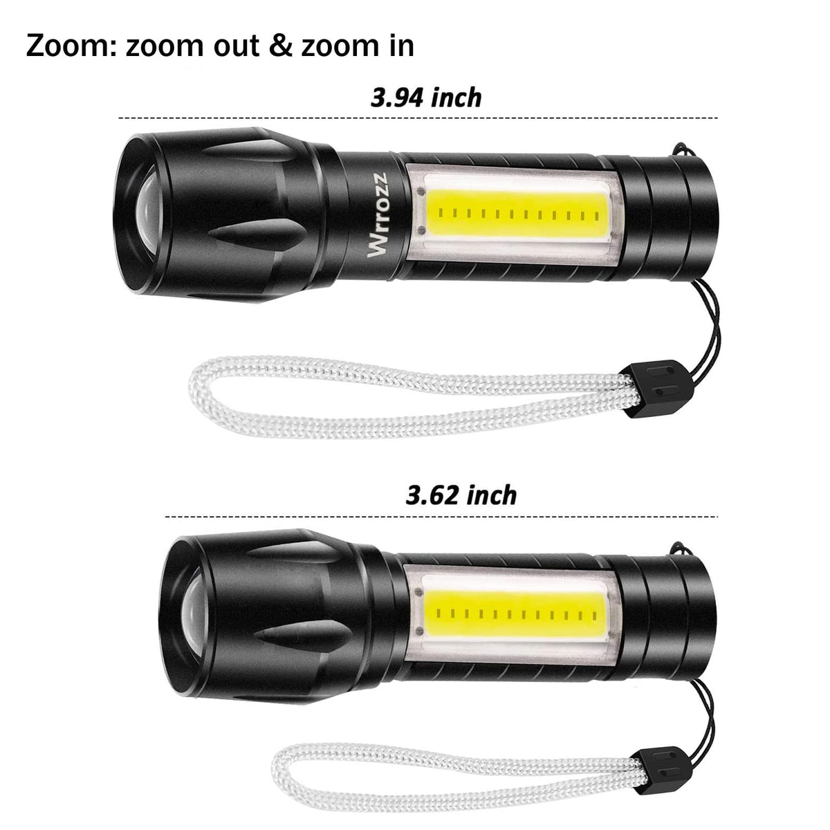 Wrrozz Led Flashlight Rechargeable USB Torch Mini Small Light Super Bright Handheld Tiny Portable Pocket Keychain Flash Light with COB Side Searchlight High Lumens Zoomable Emergency Camping 2 Pack