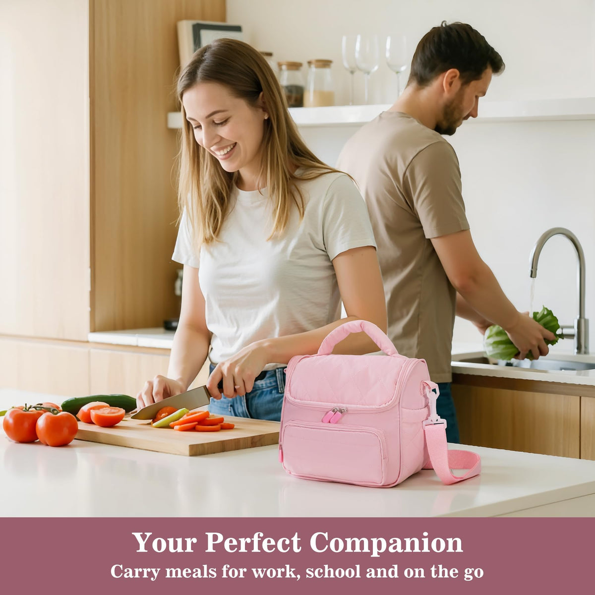 HASHMUST Lunch Bag for Women Adults, Portable Insulated Puffer Lunch Tote Bag, Reusable Leakproof Lunch Box Cooler with Handles For Work Picnic Travel Trip - Pink