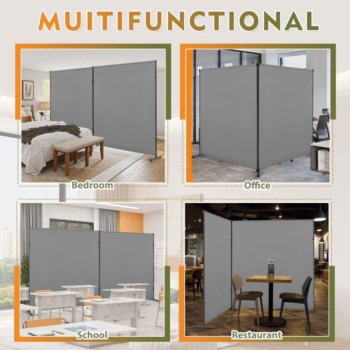 YSEJOMP Room Divider Screen 72"-140" Wide x72 High with Height-Adjustable Feet, 2 x Privacy Panels for Home, Office, or Classroom, Easy to Move and Height Adjustable (2, Gray)