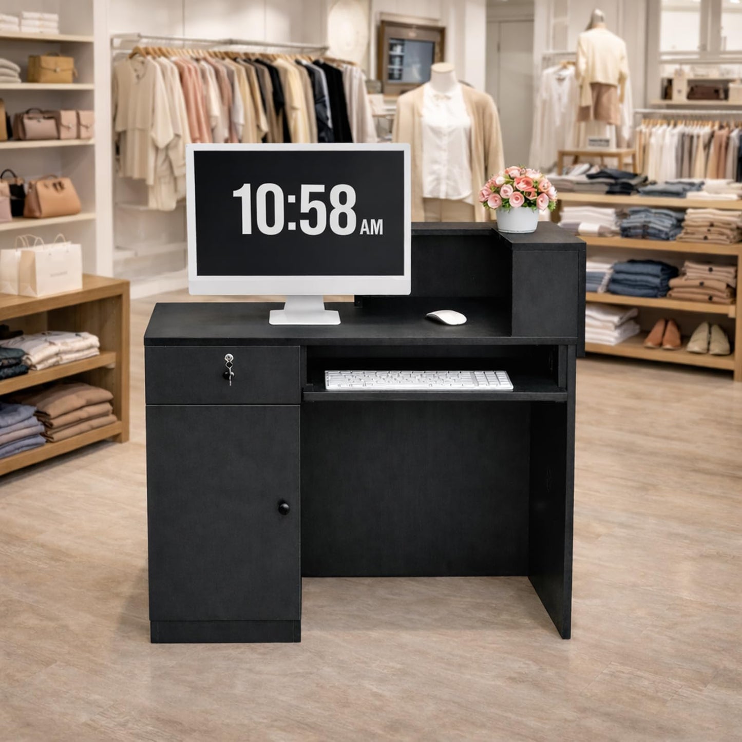 GRGECXZ Modern Reception Desk with Storage Drawer & Counter Shelf, 39.4" Front Counter Reception Table for Office, Salon, Lobby, Retail Store (Black, Right Table)