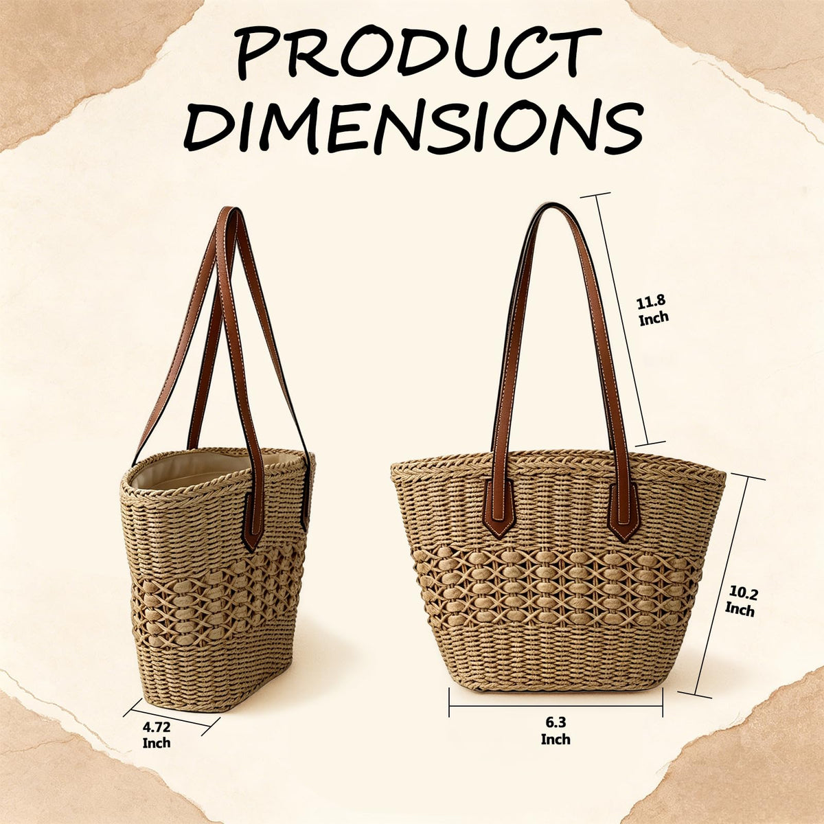 OKoriensuntek Straw Tote Bag Woven Beach Bag for Women, Large Capacity Summer Shoulder Bag with Leather Handles, Boho Handwoven Tote for Travel, Beach, Everyday Use,Brown