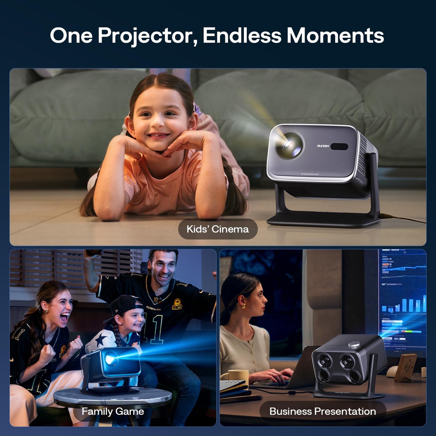 Aurzen BOOM mini Google TV Smart Projector with WiFi and Bluetooth, Voice Control, Family Mode, 20W Dolby Audio, Real-Time Focus, 4K Supported Movie Projector for Bedroom/Home Theater/Outdoor, Black