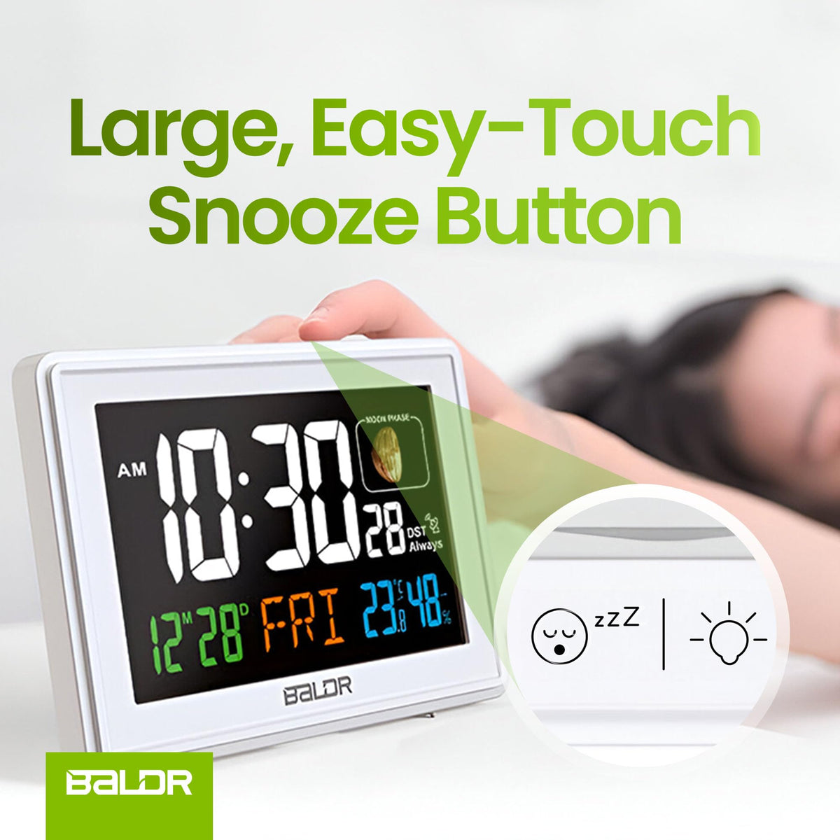 Baldr Atomic Clocks for Bedrooms Digital Large Display - White - Desk Clock with Temperature Indoor and Humidity, Night Stand Clock, Moon Phase Clock, Alarm Clocks for Living Room, Digital Clock Wall