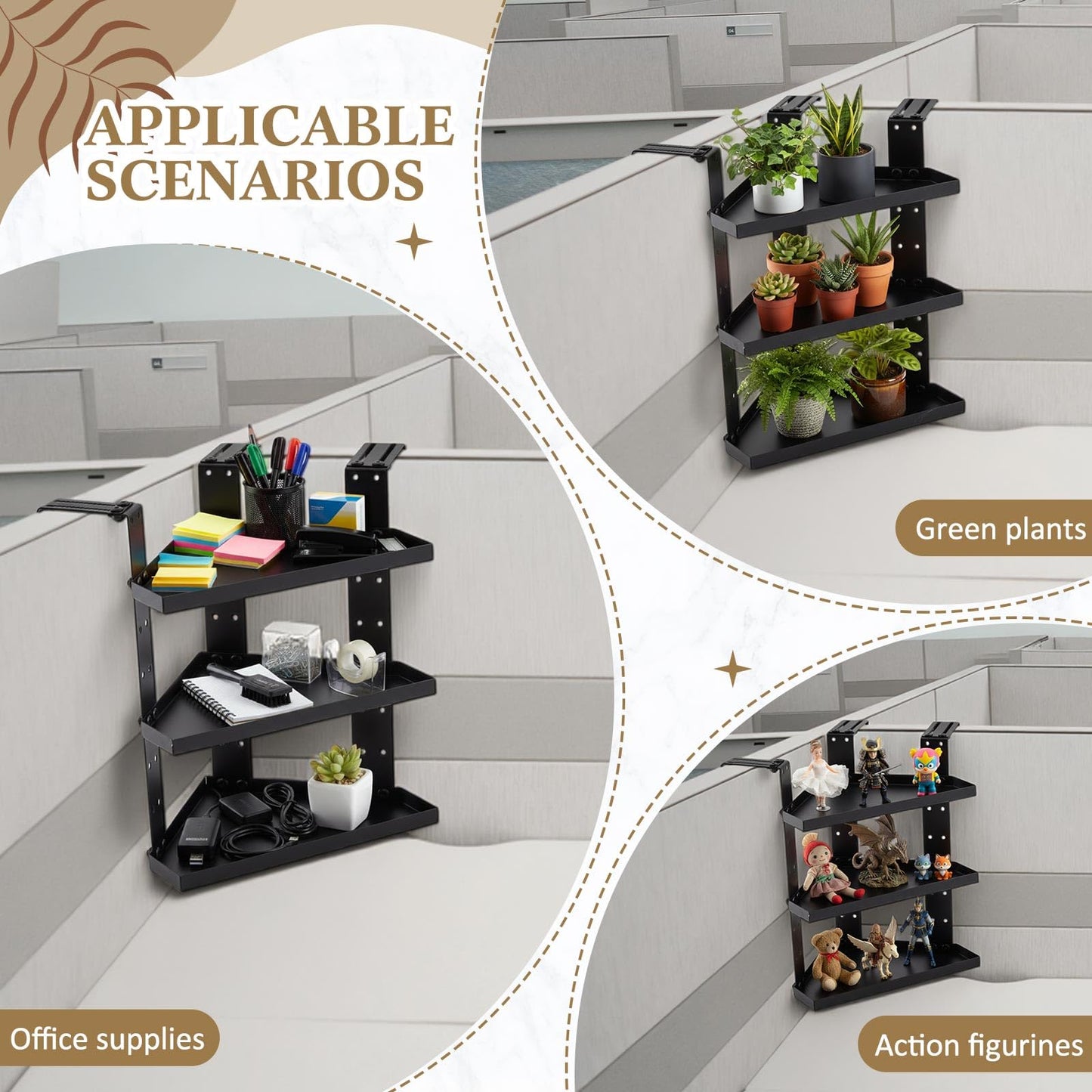 BrightRow 3 Tier Large Cubicle Corner Shelf, Office Cubicle Storage Organizer Accessories, Adjustable Corner Shelf with Hooks