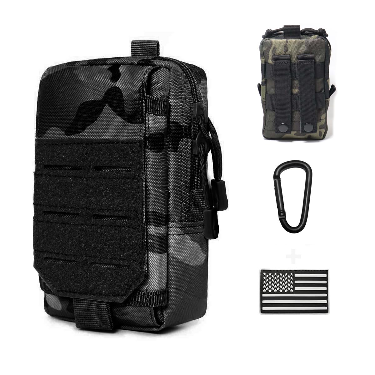 Molle Utility Pouch EDC Cell Phone Pouch for Vests, Tactical Waist Bag for Men Gadget Organizer Pack Purse Mobile Phone Case Hunting Compact Bag U.S.A Patch Carabiner Included, Black