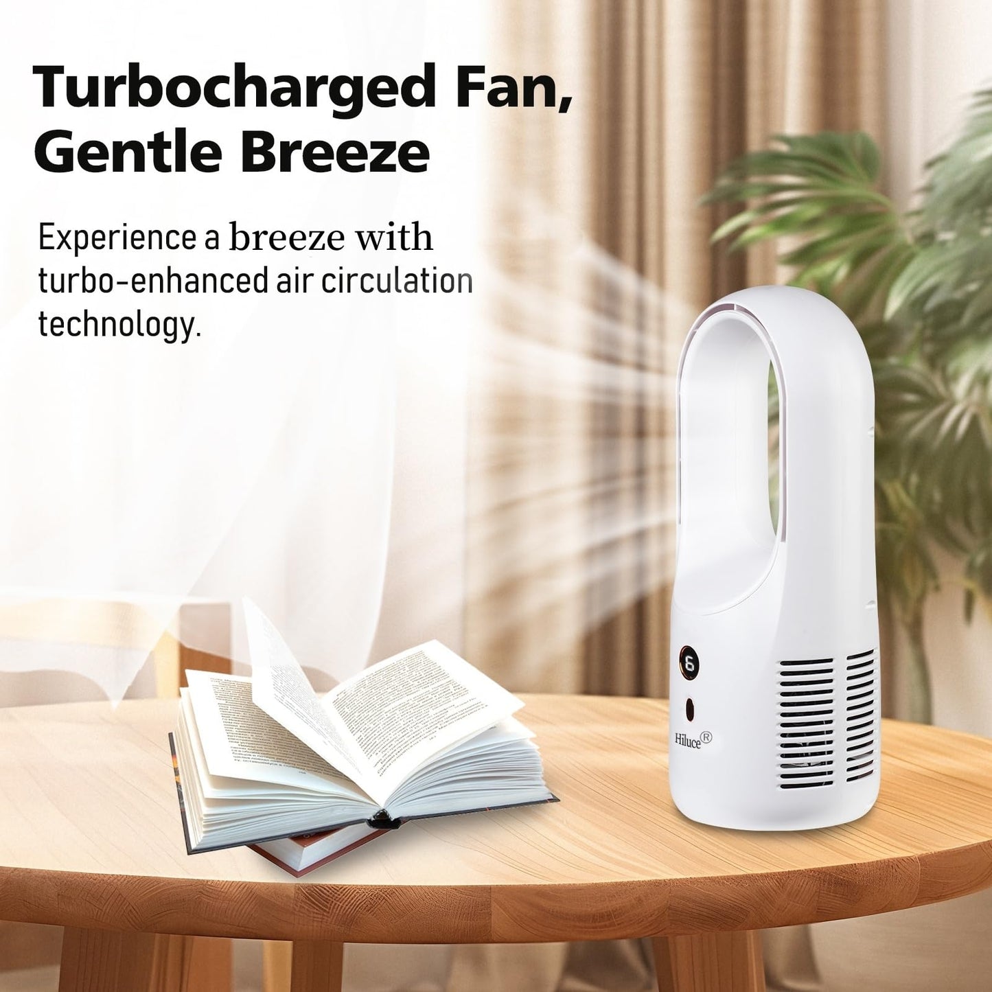 Hiluce Desk Fan Bladeless,6 Speeds 11.8 Inch Portable Office Fan, Battery USB Fans,Easy to Clean, Small Quiet Table Fan for Personal Bedroom Home Office Desktop, White