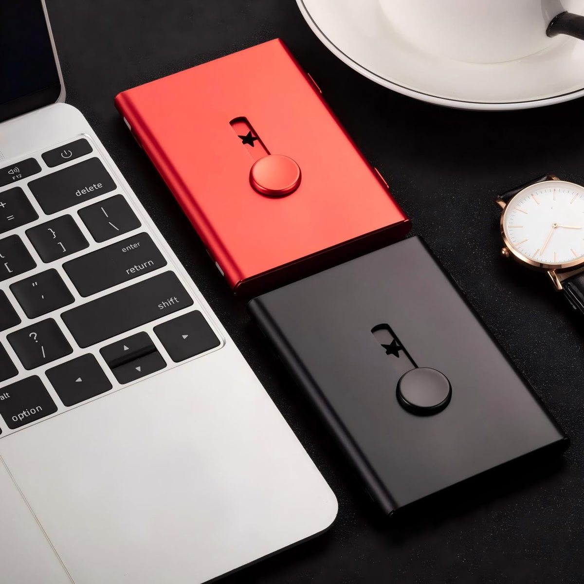 Tatuo 2 Pcs Black/red 2 Pack Thumb Drive Business Card Holder Stainless Steel Business name Card Case Portable Slide Out name holder Wallet Nice Design pocket for Men and Women