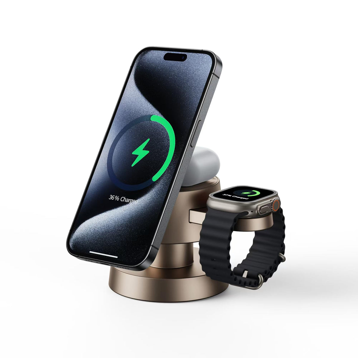 Kcuskl 4 in 1 Magnetic Wireless Charging Station,15W Fast Charging with Night Light for MagSafe Charger Stand,3 in 1 Wireless Charger for iPhone 17/16/15/14/13 Pro Max,Apple Watch & AirPods,Sand Gold