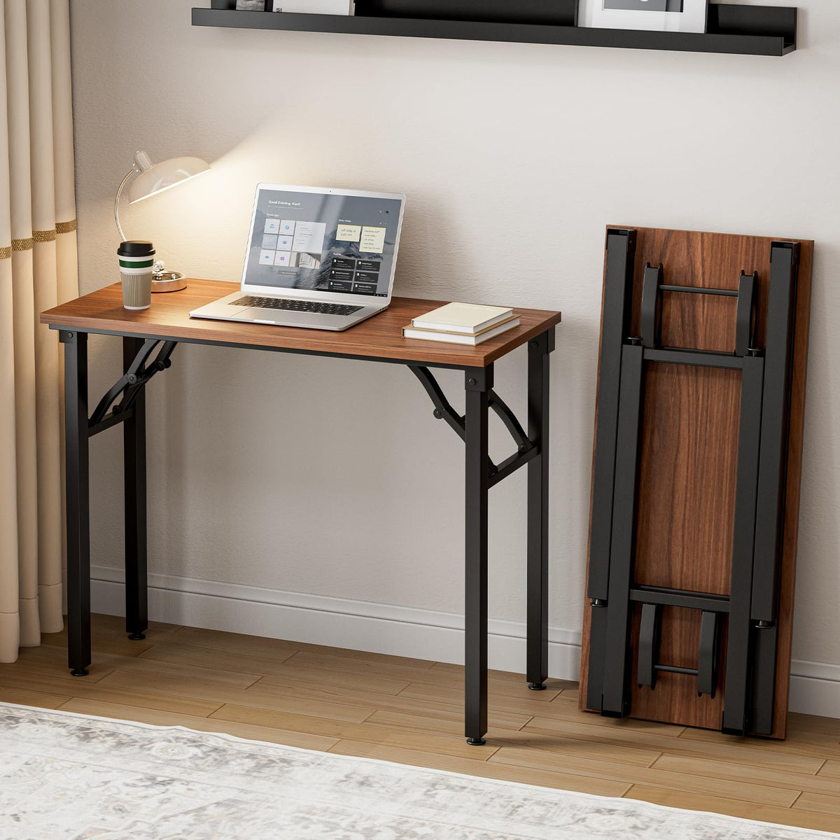 Frylr Small Folding Computer Desk β Portable 35.8 Inch Foldable Laptop Table, No-Assembly, Collapsible and Compact for Easy Storage, Lightweight for Small Spaces, Craft and Study Use, Dark Walnut
