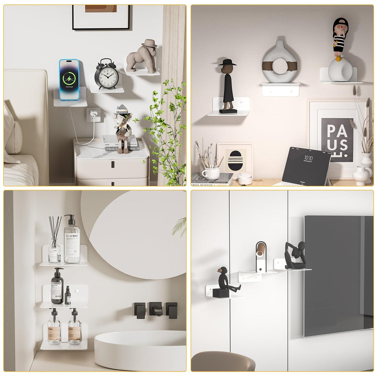Wisfame Small Piano White Floating Shelves Set of 3, Metal Hanging Shelves for Bathroom, Living Room, Bedroom, 5 Inch Wall Display Shelves for Knickknacks, Display Ledges - Adhesive Installation