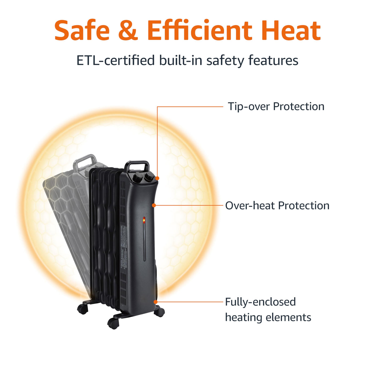 Amazon Basics Portable Oil Space Heater with 7 Oil-Filled Fins, 3 Heat Settings, Adjustable Thermostat, Tip-Over and Overheat Protection, ETL Safety Certificate, 1500W, Black