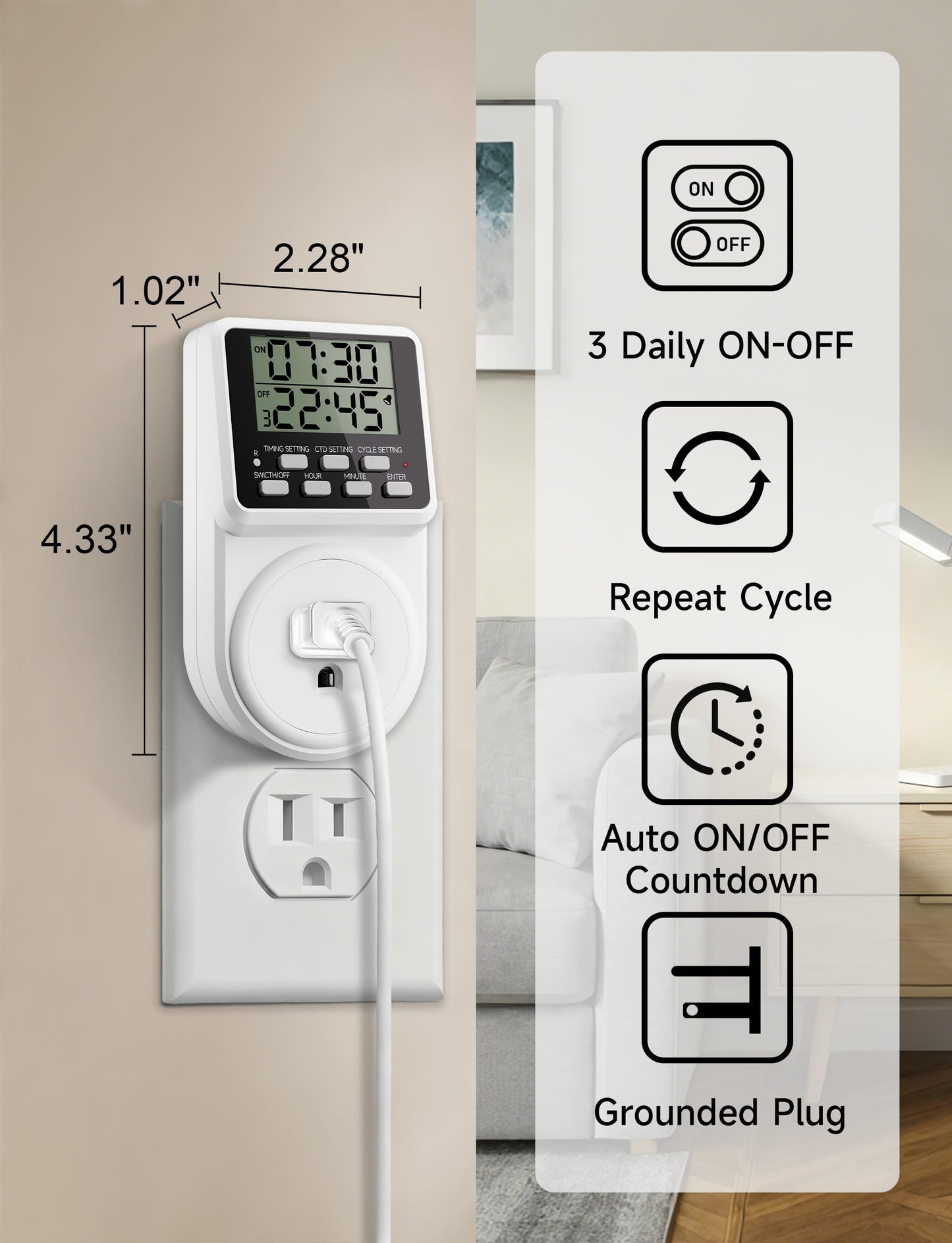 Techbee Digital Infinite Repeat Cycle Intermittent Timer Plug for Electrical Outlet, 24 Hour Programmable Indoor Timed Power Switch with Countdown Delay On and Off (120V, 15A), 1 pack