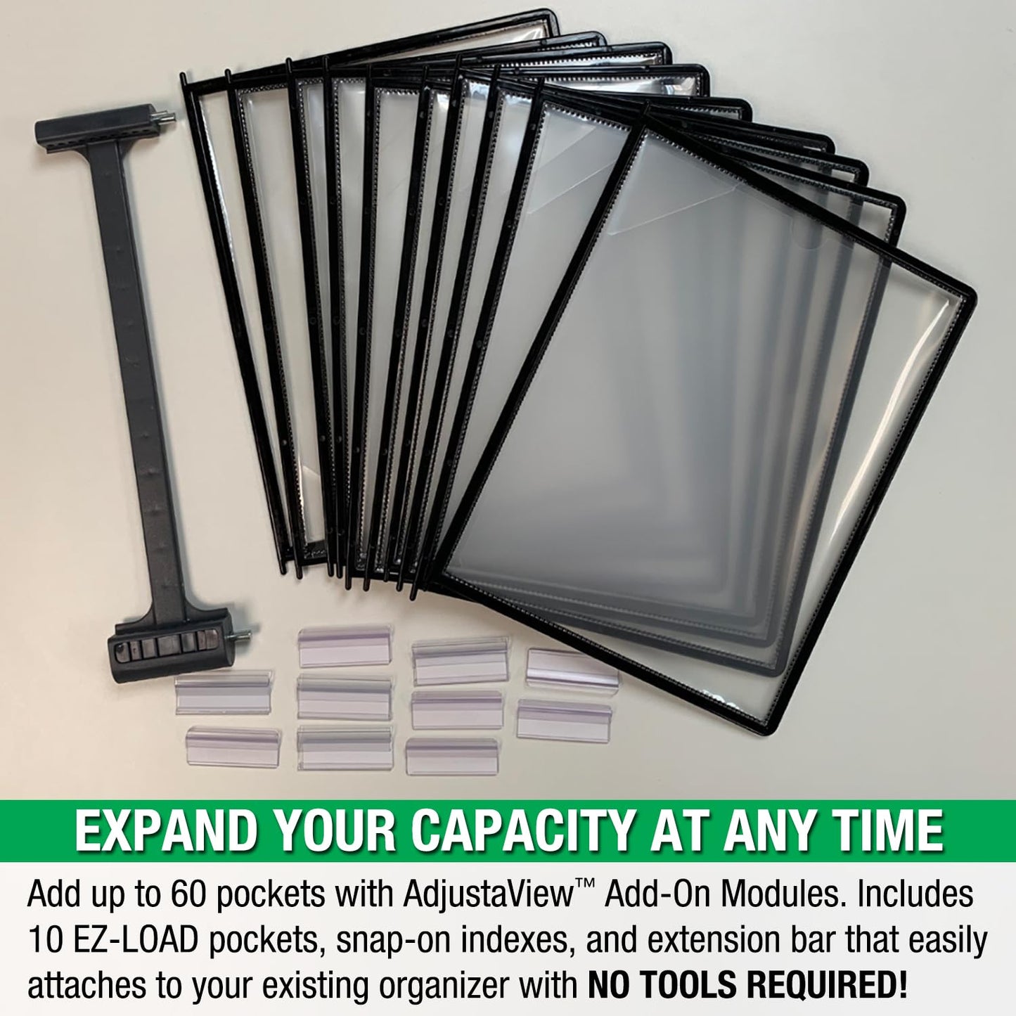 Ultimate Office AdjustaView 10-Pocket Desk Reference Organizer with Easy-Load Pockets and Compact Weighted Base for Stability, Black Pockets