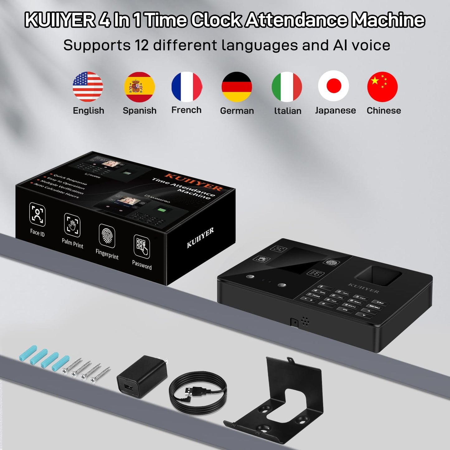 KUIIYER 4 in 1 Employees Time Clocks for Small Business (Face + Fingerprint + Palm Print + PIN) Employee Clock in & Out Machine Biometric Attendance Punch Clock Recorder Tracker (No Monthly Fee)