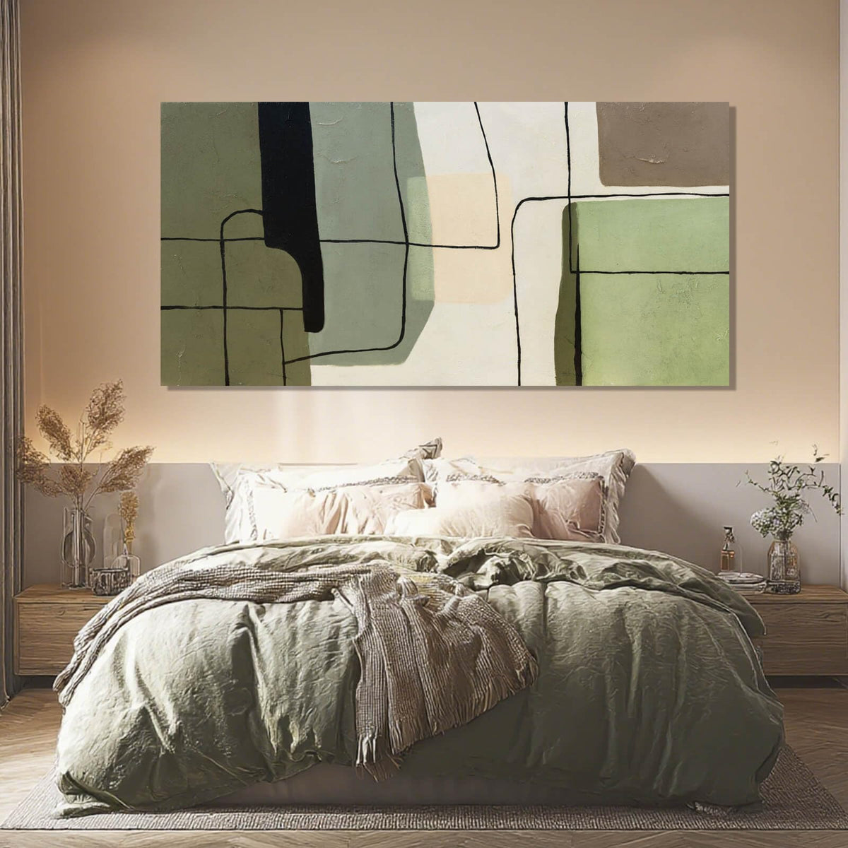ZENPEE Green Modern Wall Art and White Canvas Art, Large Abstract Wall Art for Office, Dining Room, Bedroom, or Living Room, 29" x 58"