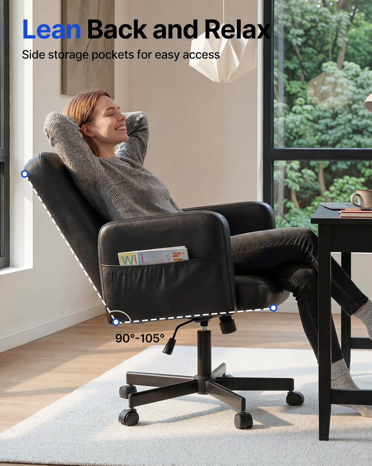 HUANUO Criss Cross Chair with 6-Point Adjustable Armrests, Pet-Friendly Criss Cross Office Chair, Comfortable Cross Leg Chair with Wide Seat, Durable PU Leather, Side Storage Pocket, Easy Assembly