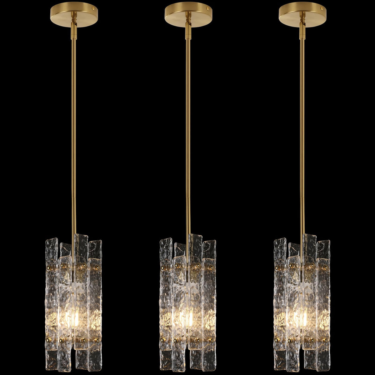 Modern Crystal Pendant Light for Kitchen Island, Gold Luxury Mini Water Ripple Glass Chandelier Lights Fixture, Modern square Adjustable Hanging Pendant Lighting for Dining Room Bedroom (3-Pack)