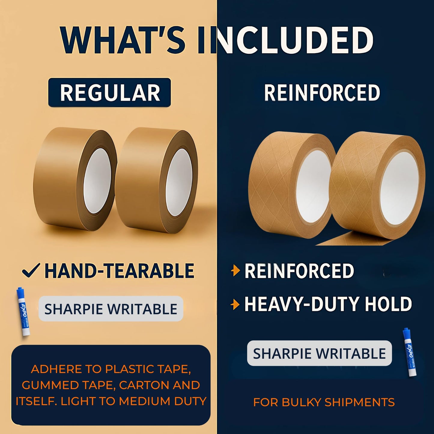 Elasticpack Packing Tape for Boxes 4-Pack ā Kraft Brown Paper Box Tape, 2 Regular + 2 Reinforced Rolls for Everyday & Heavy-Duty Box Shipping, Self-Adhesive, No Water Needed, 1.88 in x 55 yd