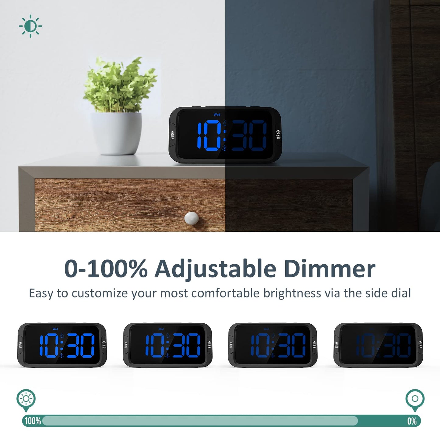 Odokee Digital Dual Alarm Clock for Bedroom, Easy to Set, 0-100% Dimmer, USB Charger, 5 Sounds Adjustable Volume, Weekday/Weekend Mode, Snooze, 12/24Hr, Battery Backup, Compact for Bedside(Blue)