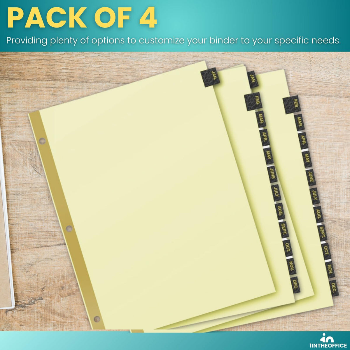 1InTheOffice Monthly Tab Dividers, Month Tabs for 3 Ring Binder, Monthly Leather Dividers, 12-Tab, Black, (4 Pack)