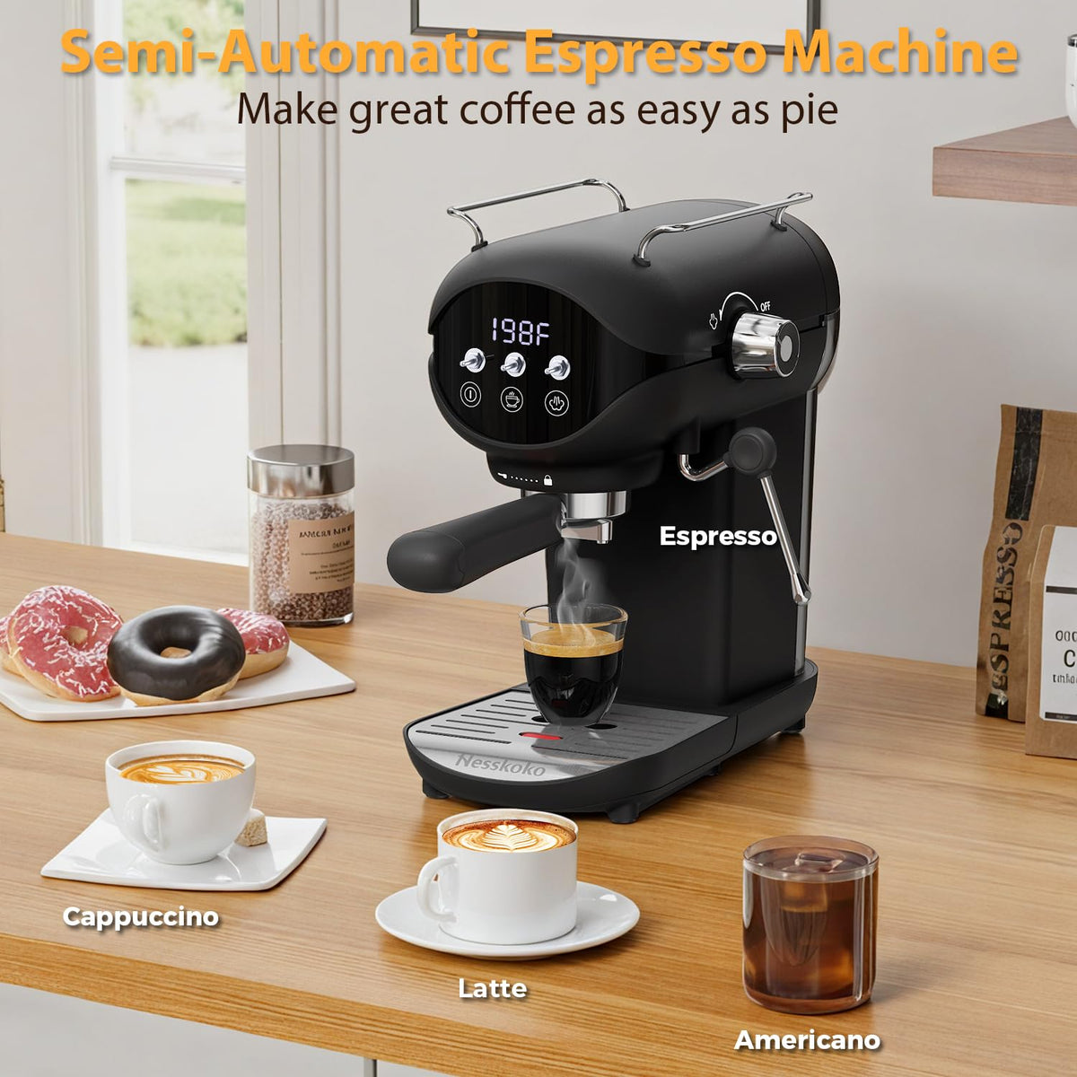 Nesskoko Espresso Machine with Steam Milk Frother Semi Automatic 20 Bar Compact Black with Toggle Switch for home Cafetera Espresso, Latte, Cappuccino, Americano, Macchiato