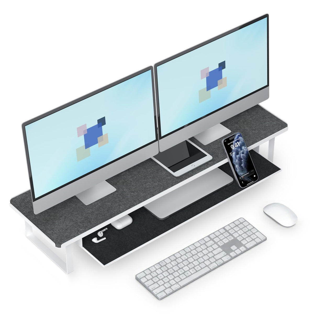 ERGO COLLECT Carbon Steel Dual Monitor Stand Riser, 31.5 Inch Extra Wide & Thick Heavy Duty 2 Tier Desktop Organizer with Pull Out Storage Drawer, Ergonomic Desk Stand for Curved & Gaming Monitors Home Office
