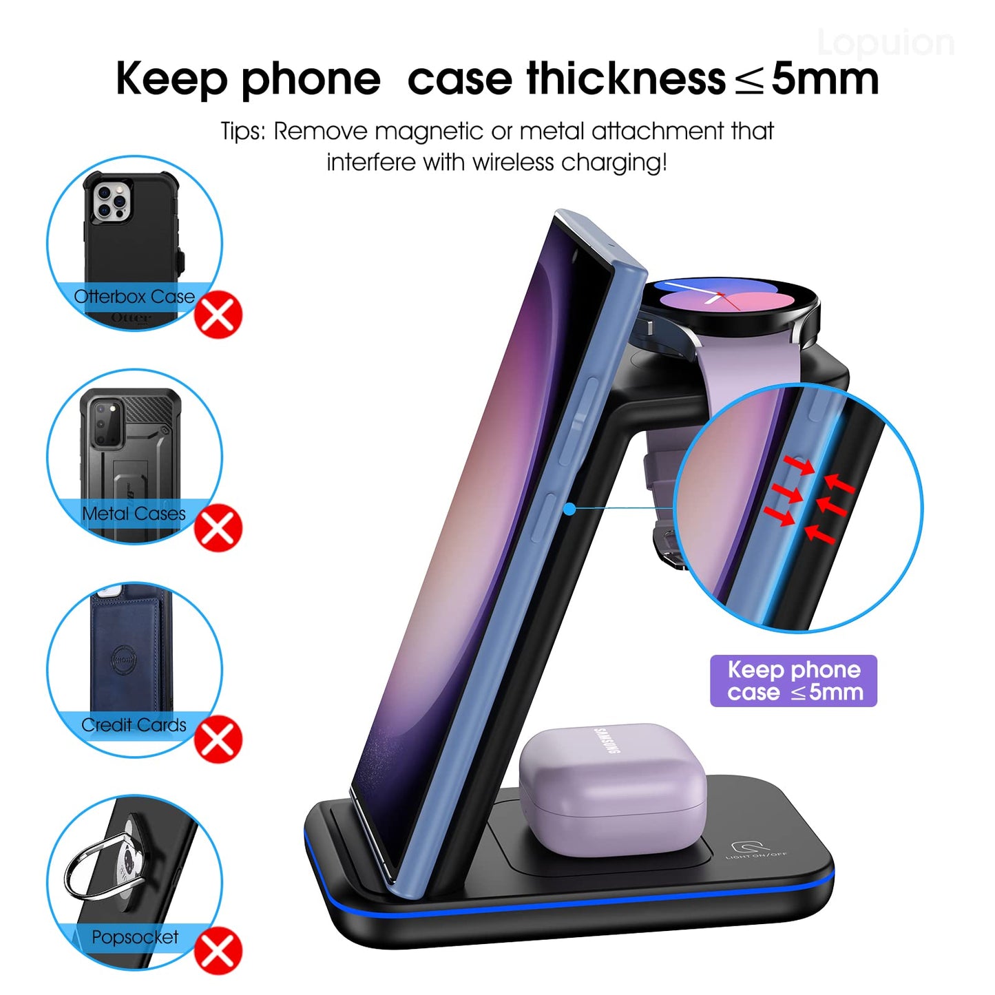 Wireless Charging Station for Samsung/Android, Fast Wireless Watch Charger Station Compatible for Samsung Galaxy S25 Ultra/S24/S23+/Z Flip 7/6 Fold 7/6, Watch8/7/Pro/Active 2 Galaxy Buds3/2 Pro(Black)
