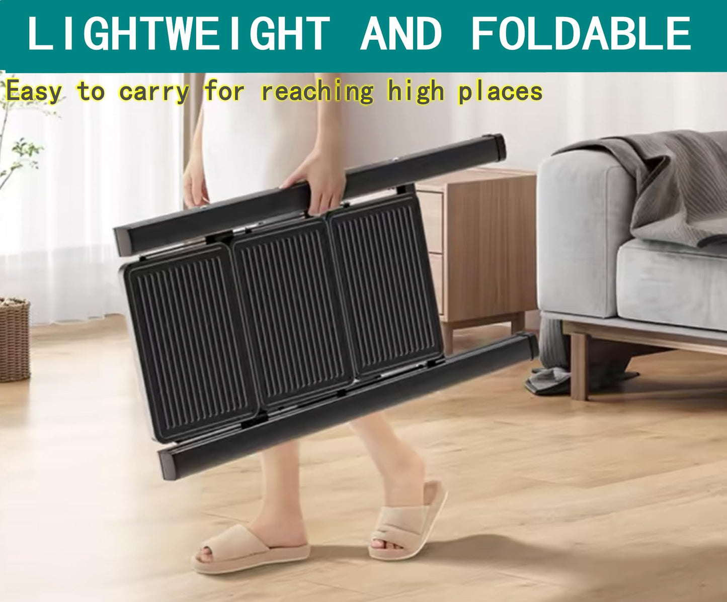 Runruii Step Ladder 5 Step Folding Portable Step Ladder with Anti-Slip Wide Pedal Aluminum Stepladder Lightweight Step Stool for Office Household Library 300lbs - Black