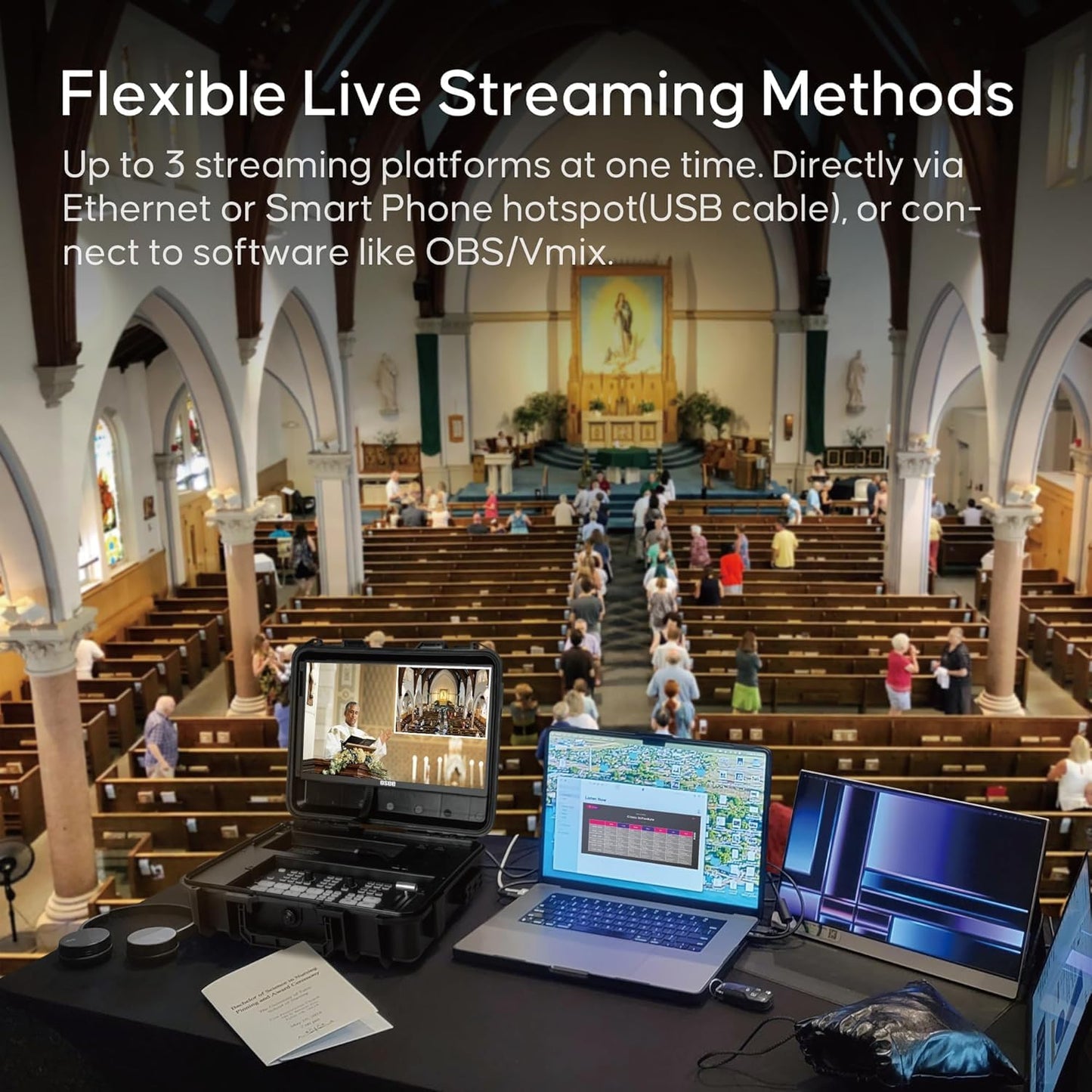 osee GoStream Duet All in One Pro Video Switcher Multiple Live Stream Camera Video Converters Audio Mixer with 4 HDMI/SDI Inputs and 2 HDMI Output USB-C I/O with 14 Inch Monitor Built-in