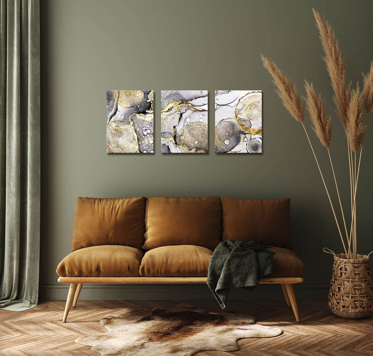 Gold Abstract Wall Art 3 Pieces Modern Framed Artwork Black and White Grey Gold Fluid Ink Annual Rings Pictures Canvas Prints Painting for Living Room Bedroom Kitchen and Office Wall Decor 12x16inx3