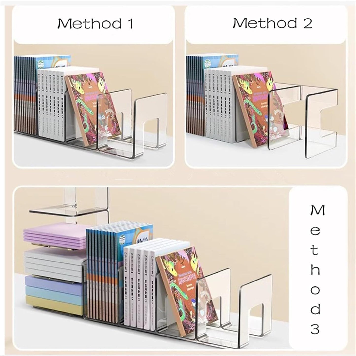 YAGELI Clear Acrylic Purse Organizer for Closet, 3-4 Section Desk File Sorter, 2.95" Wide Slots for Clutches, Handbags, Binders & Folders, Sturdy Stackable Bookshelf Organizer, 4-Pack (3 Sections)