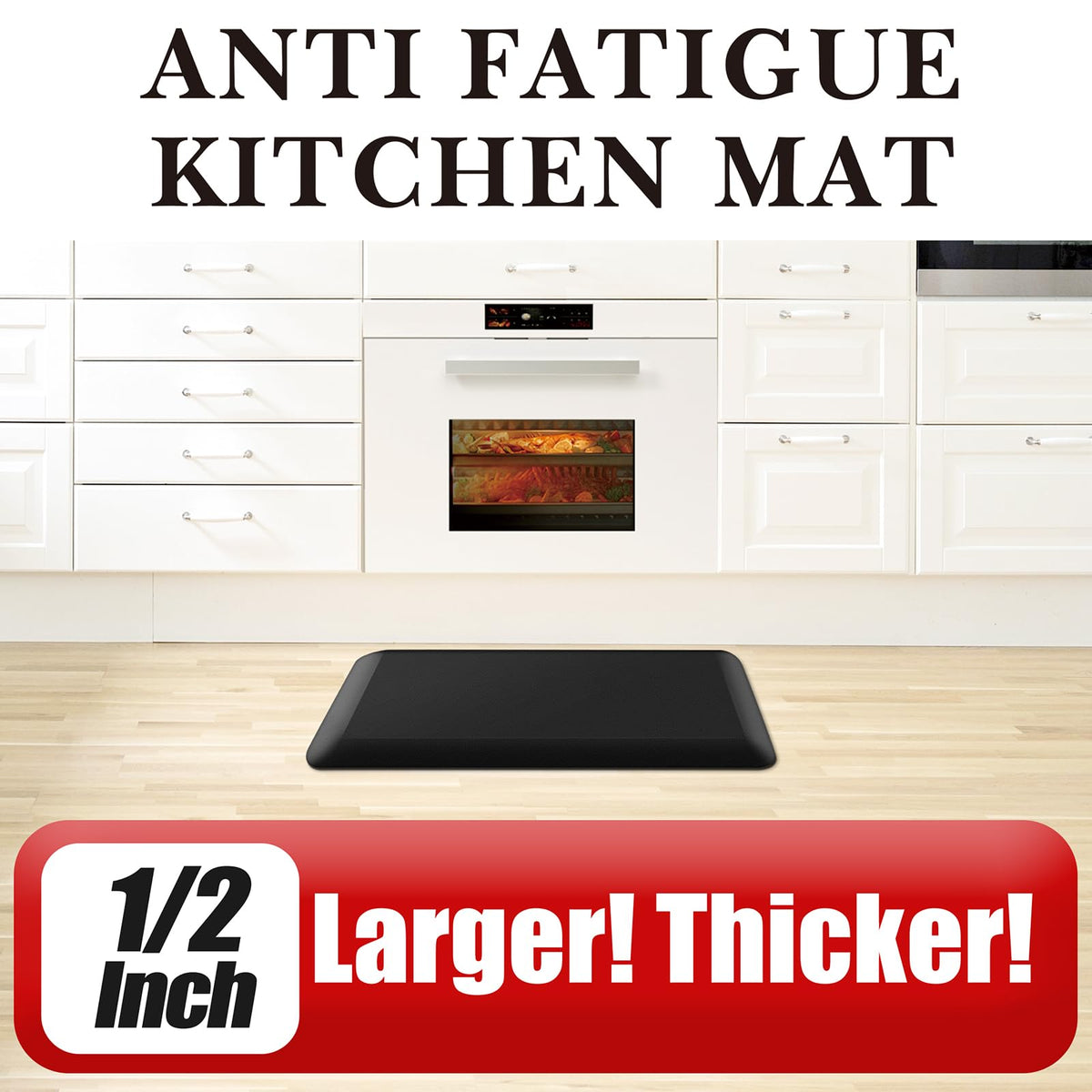 1/2 inch Thick Kitchen Rug - Cushioned Anti Fatigue Mats for Kitchen Floor - Easy to Clean, Waterproof, Non-Slip Kitchen Rug for Sink, Office, Kitchen (17''x39'' Black)