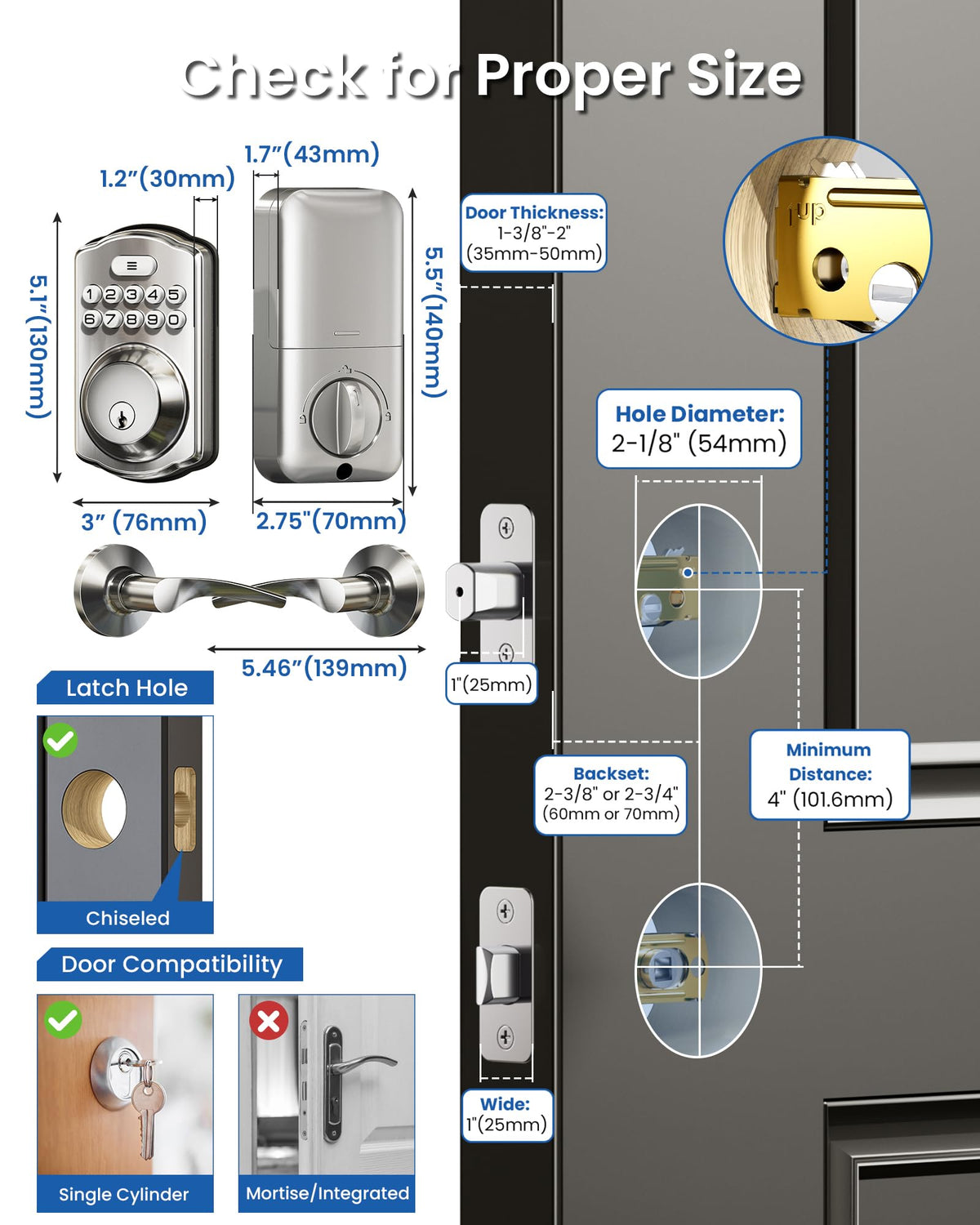 Veise Keyless Entry Door Lock with 2 Lever Handles - Electronic Keypad Deadbolt, Easy Installation Digital Smart Front Door Lock Set, Satin Nickel