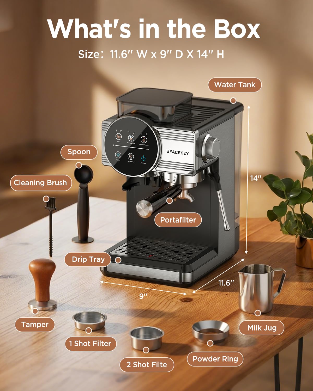 Spacekey Espresso Machine with Grinder - 20 Bar All-in-One Coffee Maker with Milk Steam Wand/Frother, Cold Brew, 30 Grind Settings, 60oz Removable Tank - Home Barista Kit for Lattes, Cappuccinos