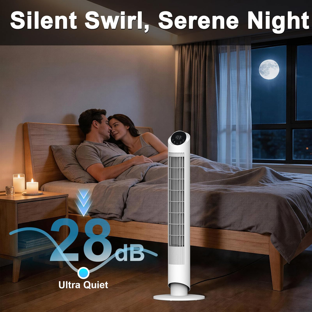 hykolity 40'' Tower Fan for Bedroom, 90° Oscillating Standing Fan, 28dB Ultra Quiet, 26ft/s Velocity Bladeless Floor Fan with 3 Speeds & 4 Modes, 12H Timer for Living Room, Home, Office, White