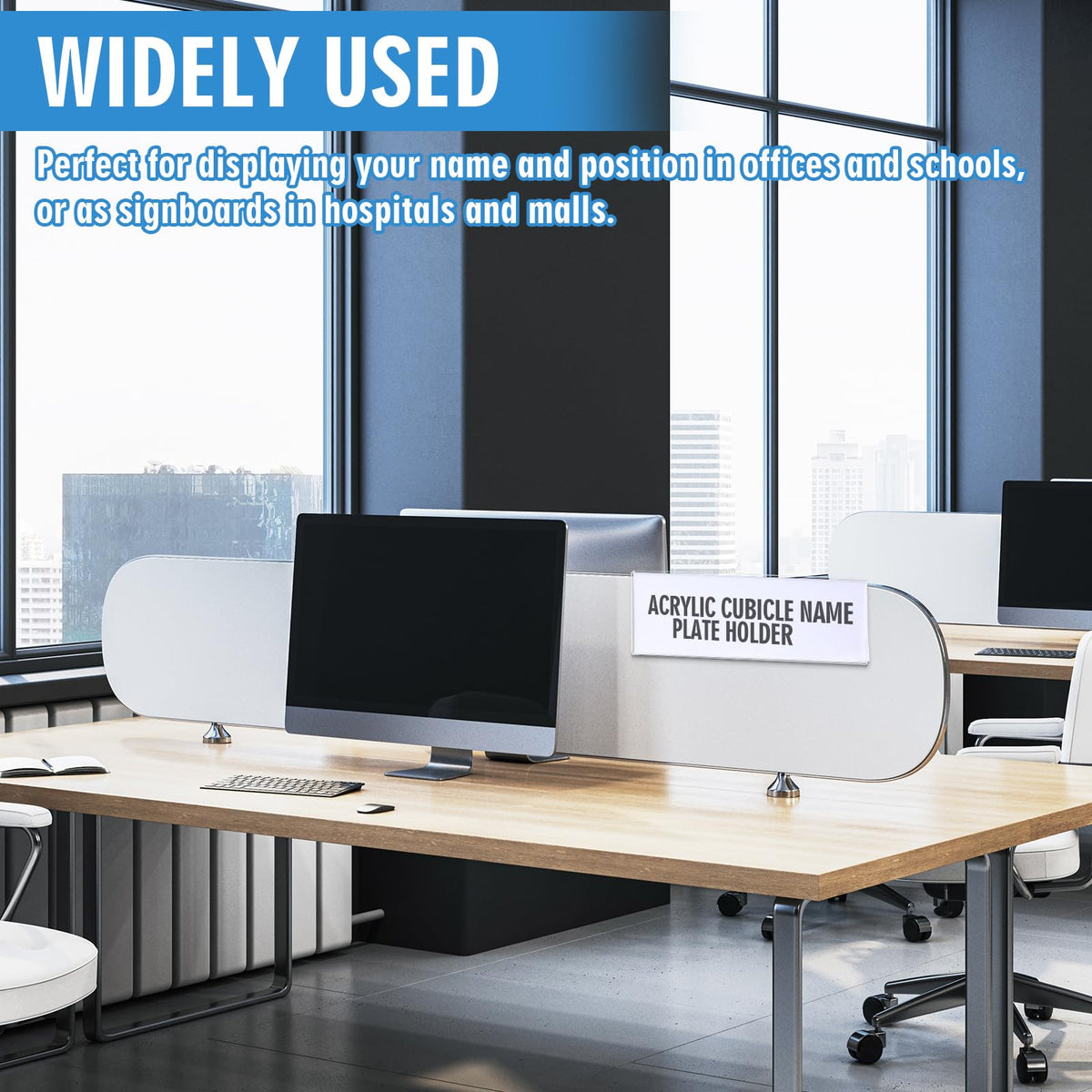 Kathfly 4 Pcs Clear Acrylic Cubicle Name Plate Holders 8.5" L x 2.5" W - Fits 3" Cubicle Wall, Single Sided Sign Holder Plastic Nameplate for Office Home Classroom Library Display