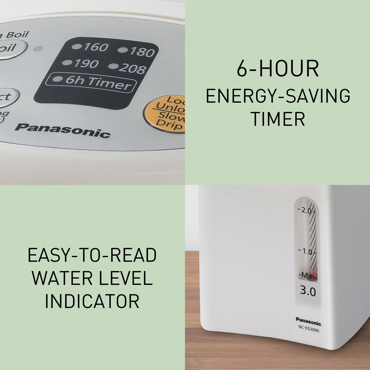Panasonic 3L Water Boiler Electric Hot Water Dispenser Countertop w/Slow-Drip Mode for Coffee & Tea, 4 Temp Presets, Charcoal‑Purified Stainless, Auto Shut‑Off, Timer & Safety Lock - NC-EG3000