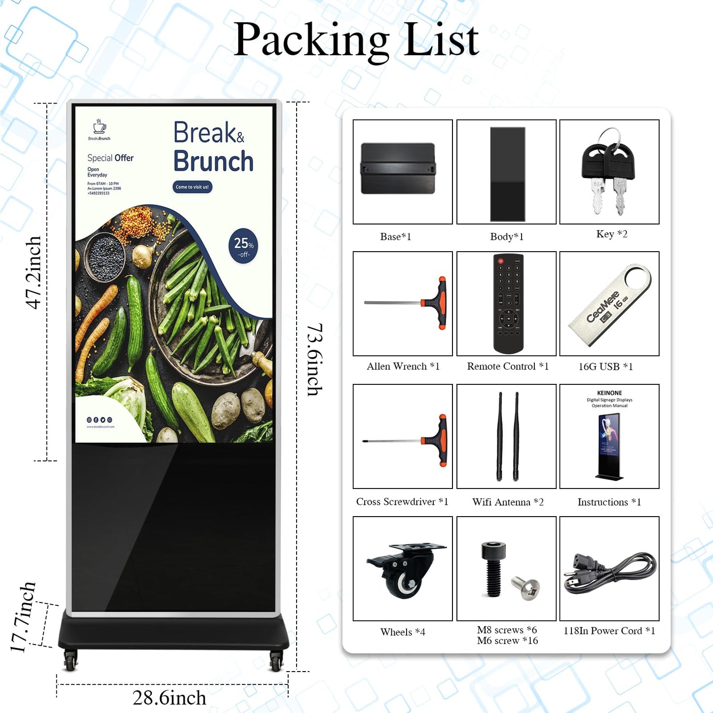KEINONE 55" 4K LCD Touchscreen Digital Signage Display, Indoor Floor Standing Advertising Kiosk, Commercial Digital Signage Player, HDMI WiFi Bluetooth Input Auto AD Player, 4+32GB Android 14.0 Black
