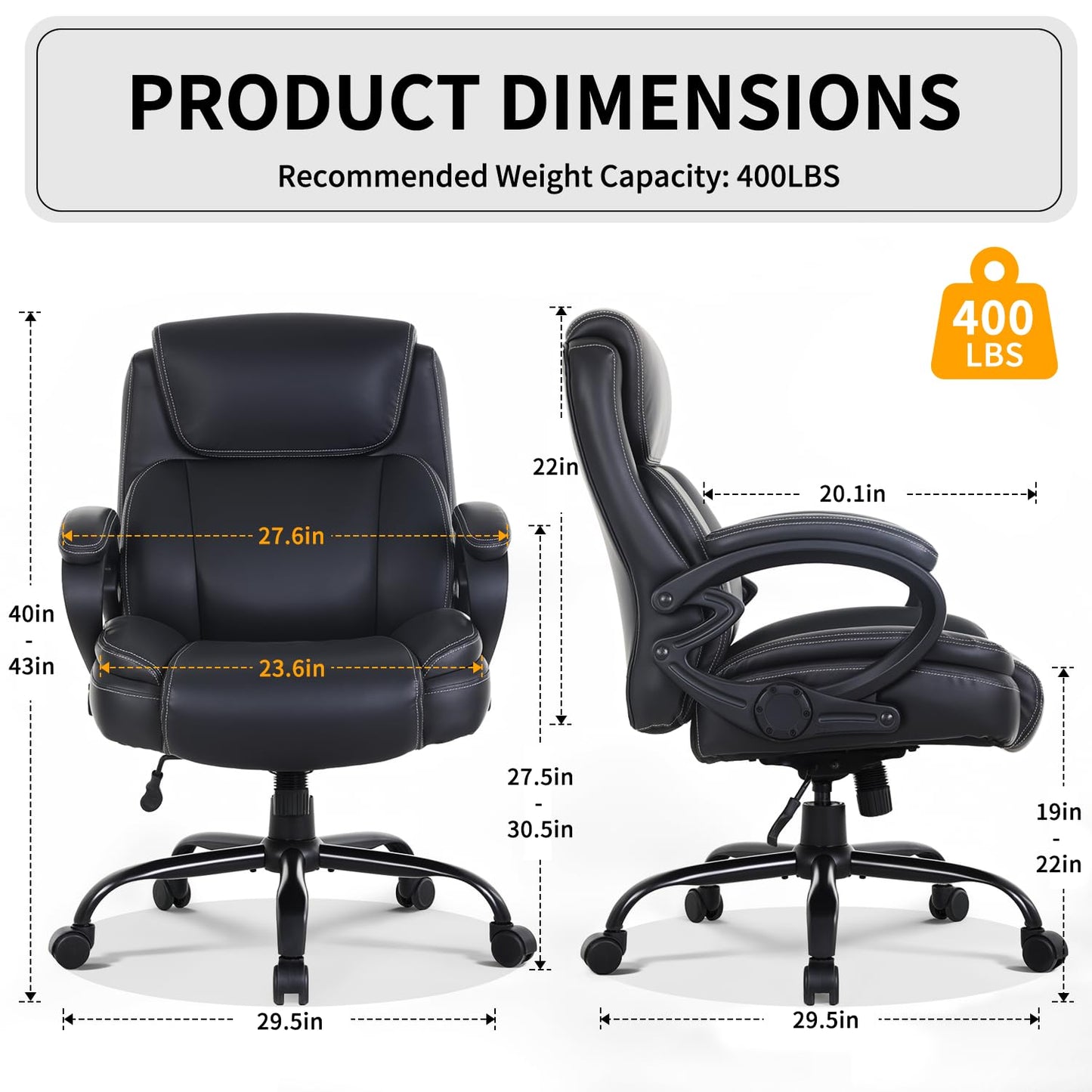 BestOffice Big and Tall Heavy Duty Office Chair 400lbs Wide Seat Ergonomic Computer Desk Chair with Arms and Lumbar Support High Back PU Leather Executive Task Computer Chair for Back Pain, Black