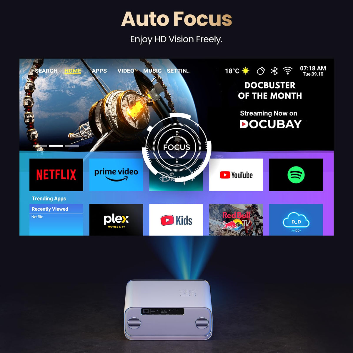 HUNKSTAR Mini Projector, 4K Support Projector with Wifi 6 and Bluetooth 5.2, 1000 ANIS Portable HD1080P Home Video Projector with Auto Focus, Suitable for Family Gatherings, Various Festivals (White)