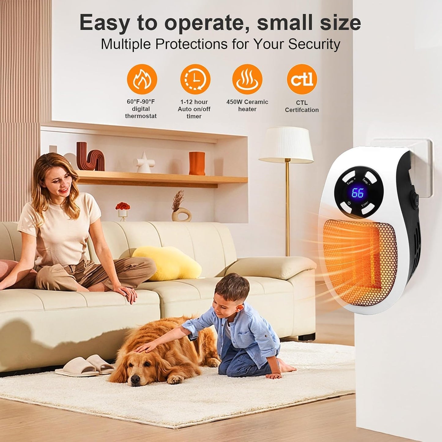 Upgrade Smart Plug in Wall Space Heater,450W Programmable Portable Electric Small Safe Heater,Adjustable Thermostat Timer,Overheat Protection,LED Display (White-Smart)