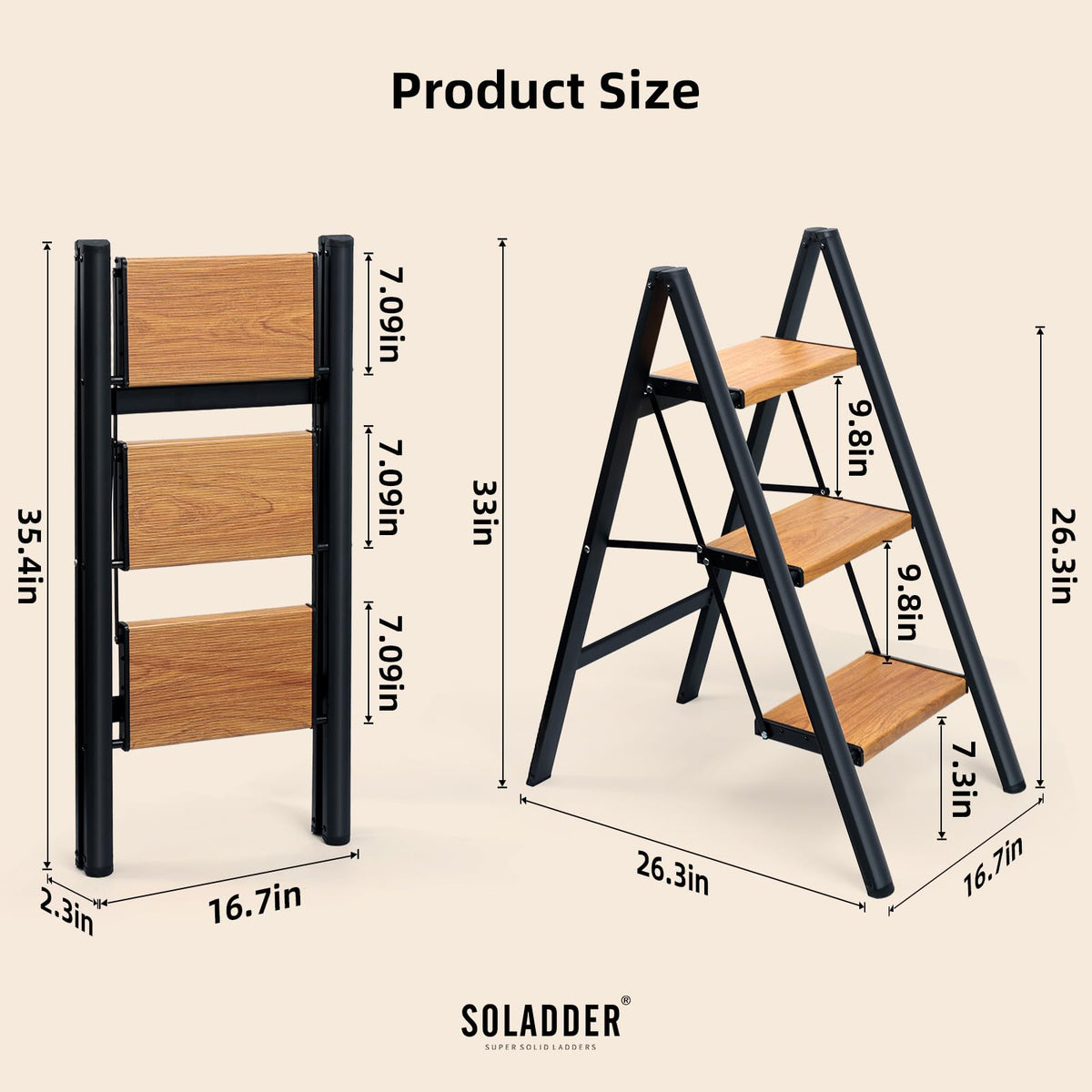 SOLADDER 3 Step Ladder, Anti-Slip and Lightweight Foldable Step Stool for Adults & Kids to Use in Kitchen, Closet and Library, 300lbs(Black&Woodgrain)