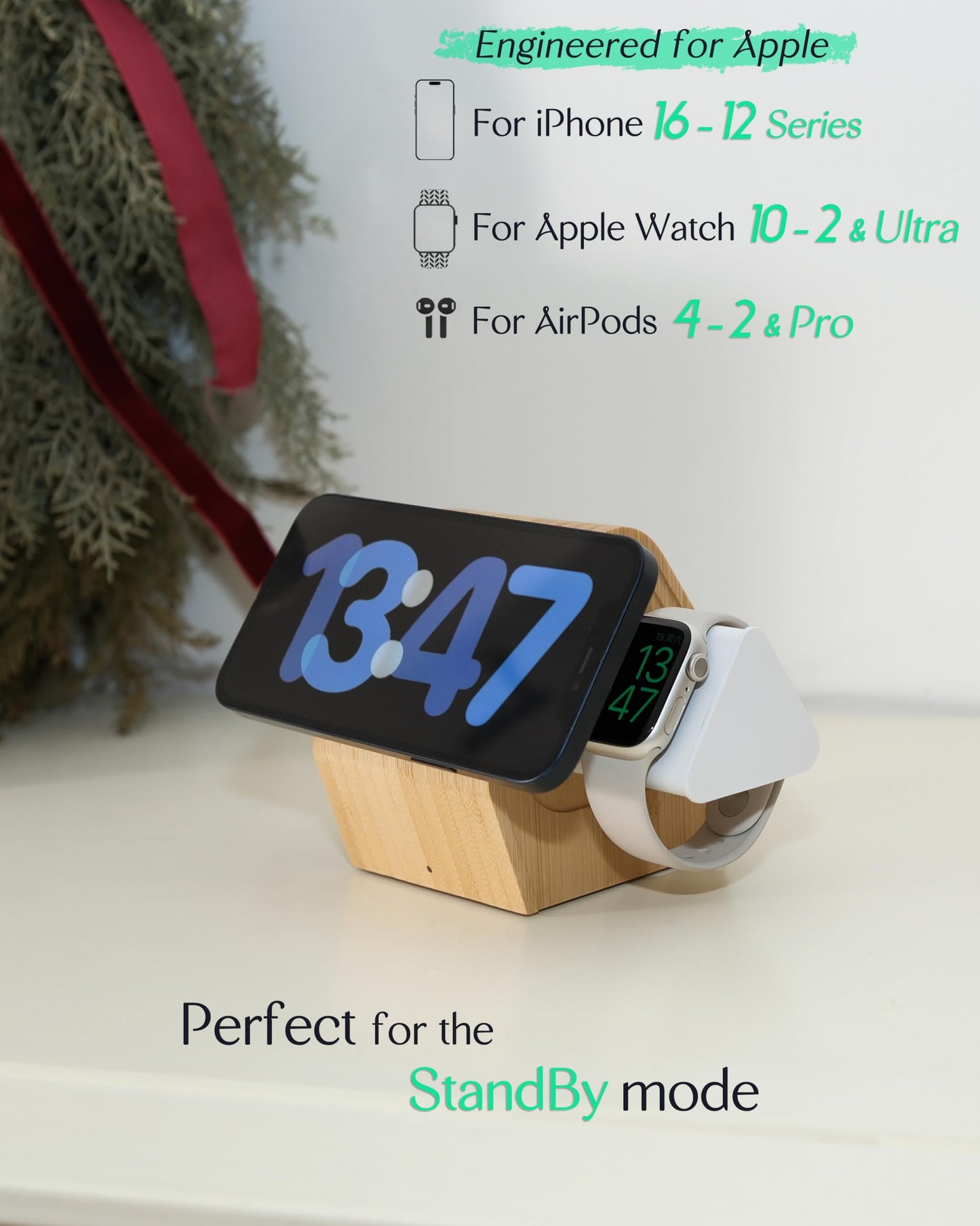 Bamboo Wireless Charging Station for Apple: 3-in-1 Charger Stand with Cabin Style for iPhone 17 16 15 14 13 12 Series,Watch 11-2, SE, Ultra, and AirPods 4-2, Pro, MagSafe Wireless Charger(20W Adapter)