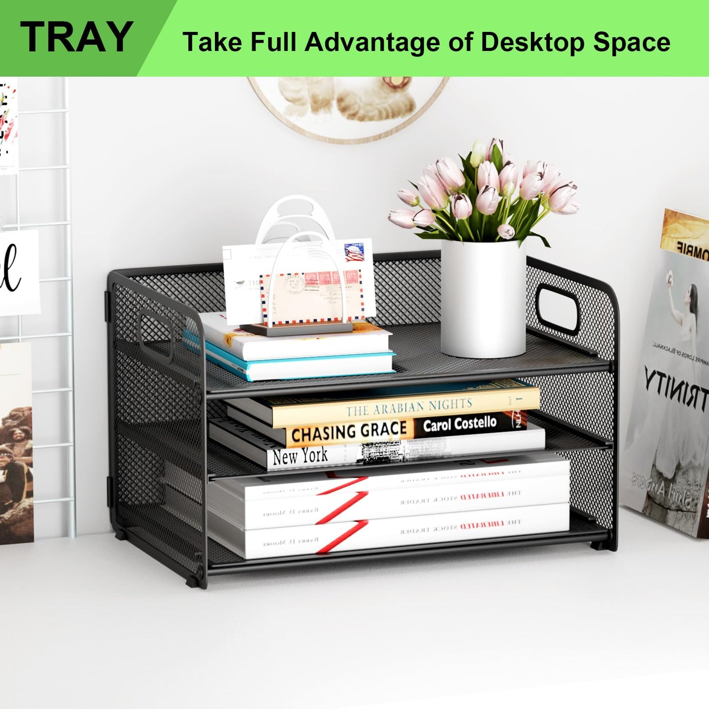 GDINDINFAN 3 Tier Paper Letter Tray Organizer for Desk, Mesh File Folder Document Organizer with Handle for Home Office Supplies Desktop Accessories, Black