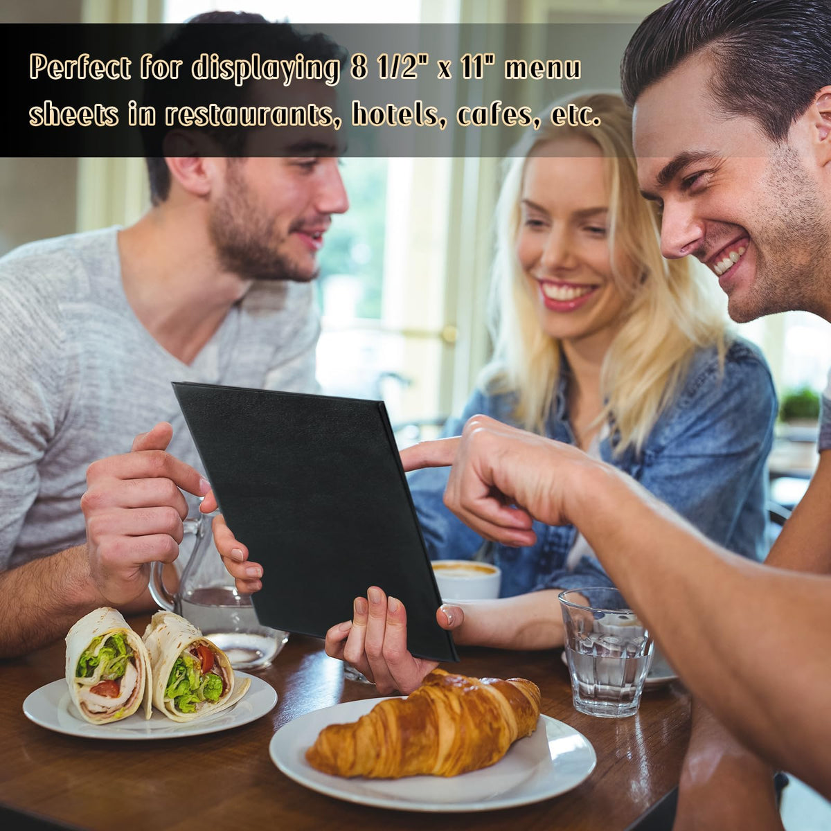 FLKQC Restaurant Menu Holders 8.5" x 11", Pack of 10 Synthetic Leather Double Panel Book Style with Angled Corners, Black