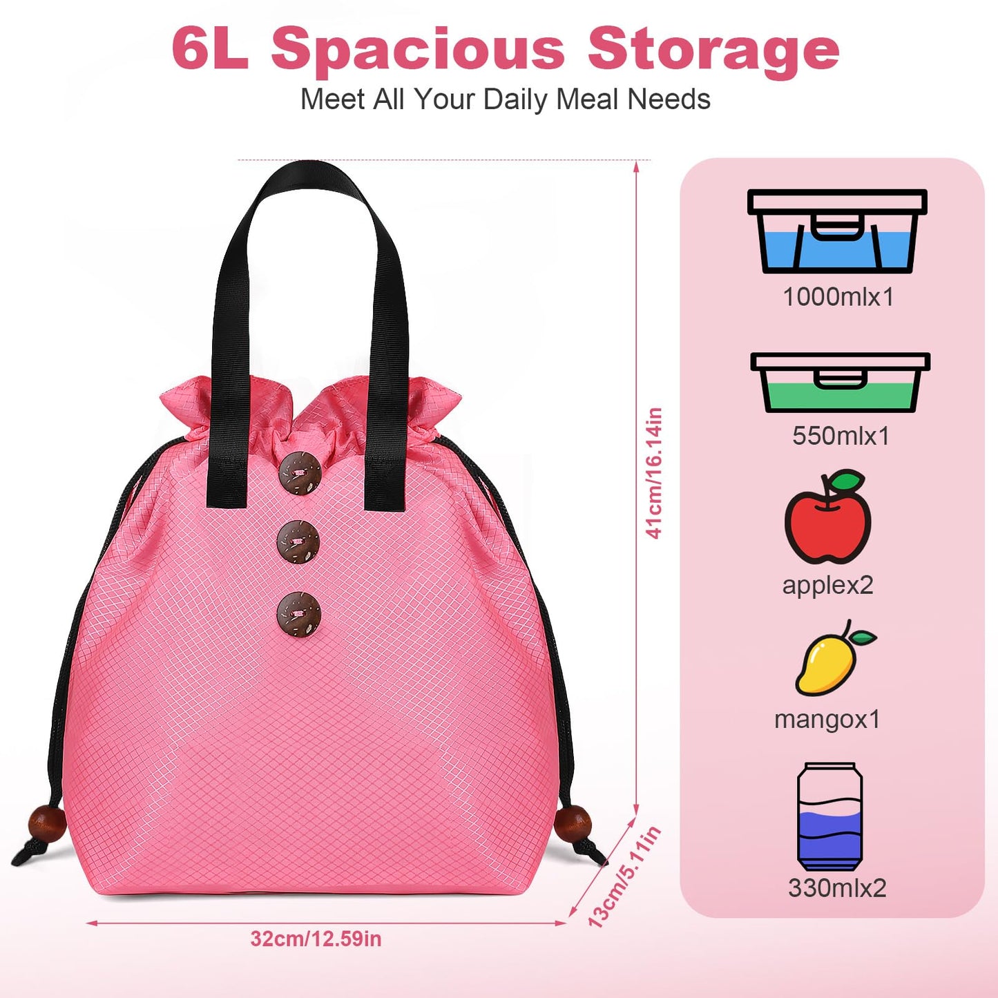 Jiamusi Drawstring Insulated Lunch Bag - 6L Thermal Food Tote with Waterproof Lining for Office & Commute