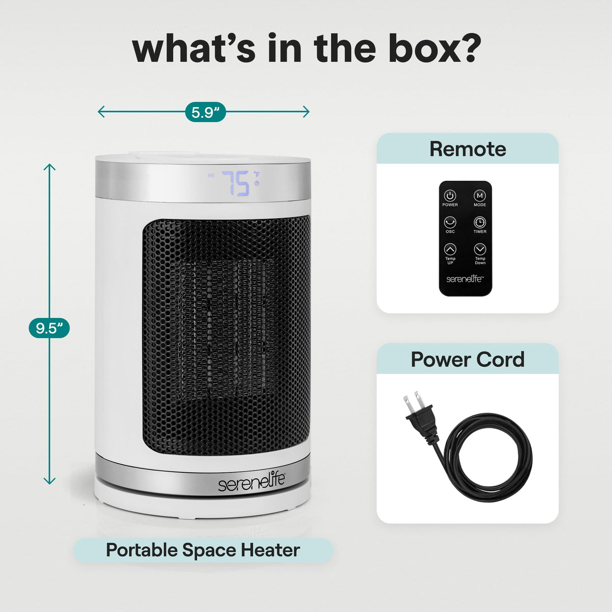 SereneLife Smart Space Heater – 1500W Indoor Electric Heater with Thermostat, Remote Control, 12-Hour Timer, Wi-Fi Enabled PTC Ceramic Heating for Home and Office, White (5.9" x 5.9" x 9.5")