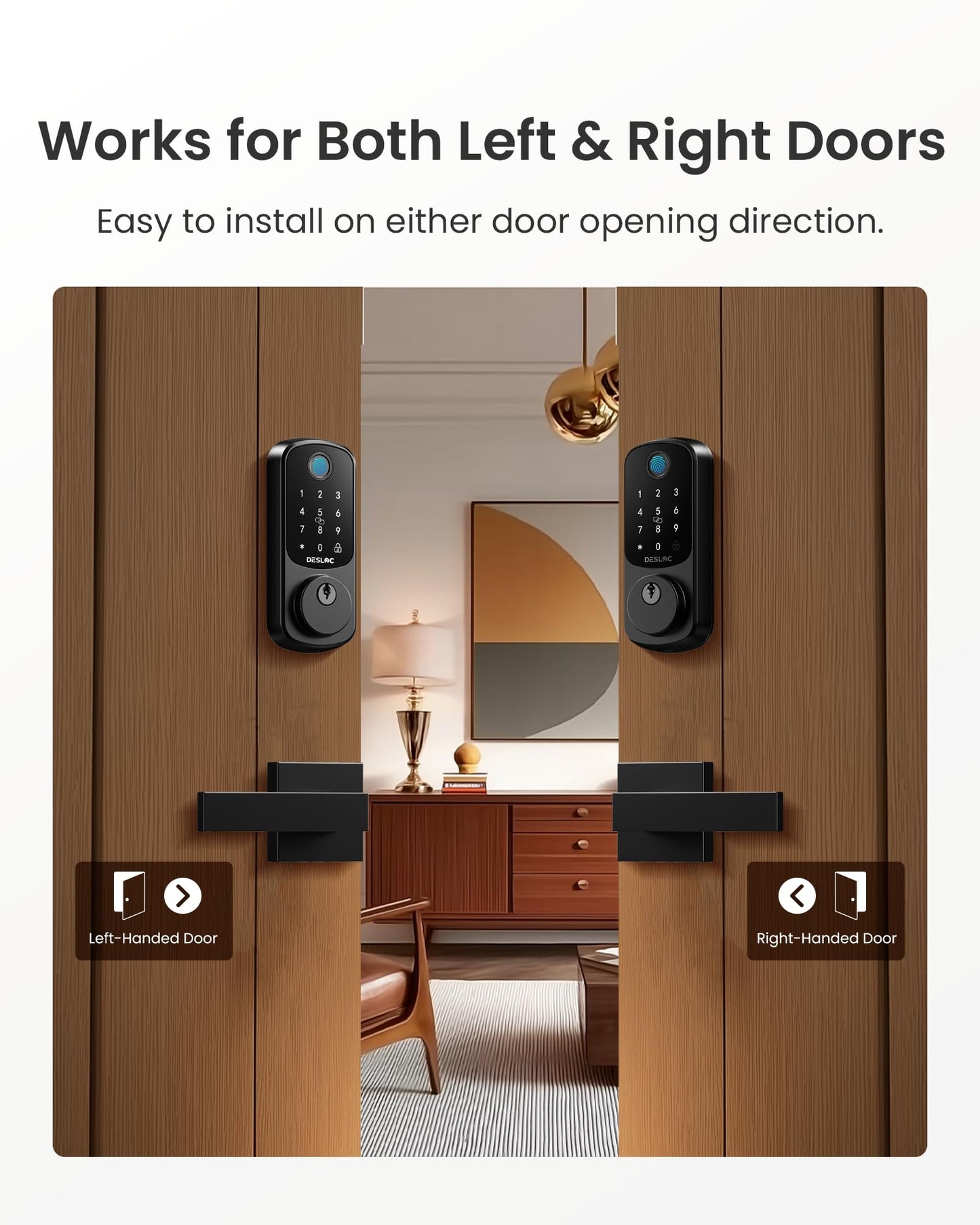 DESLOC B200 Fingerprint Smart Lock with 2 Lever Handles, Keyless Entry Front Door Lock Set, Electronic Keypad Deadbolt, App Control, Auto Lock, Long Battery Life, Secure Home Access
